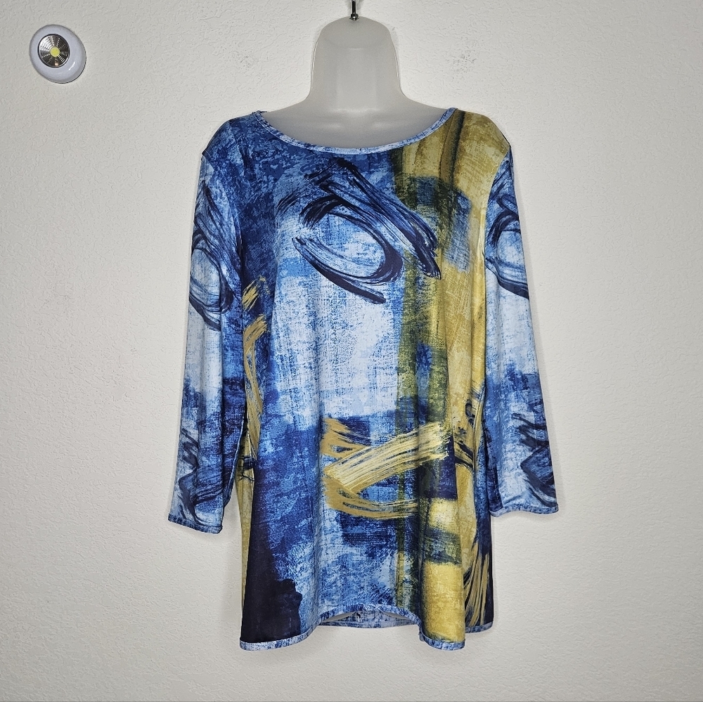 Ali Miles Art To Wear Absract Blue Gold Stretchy Longline Long Sleeve Tunic Top
